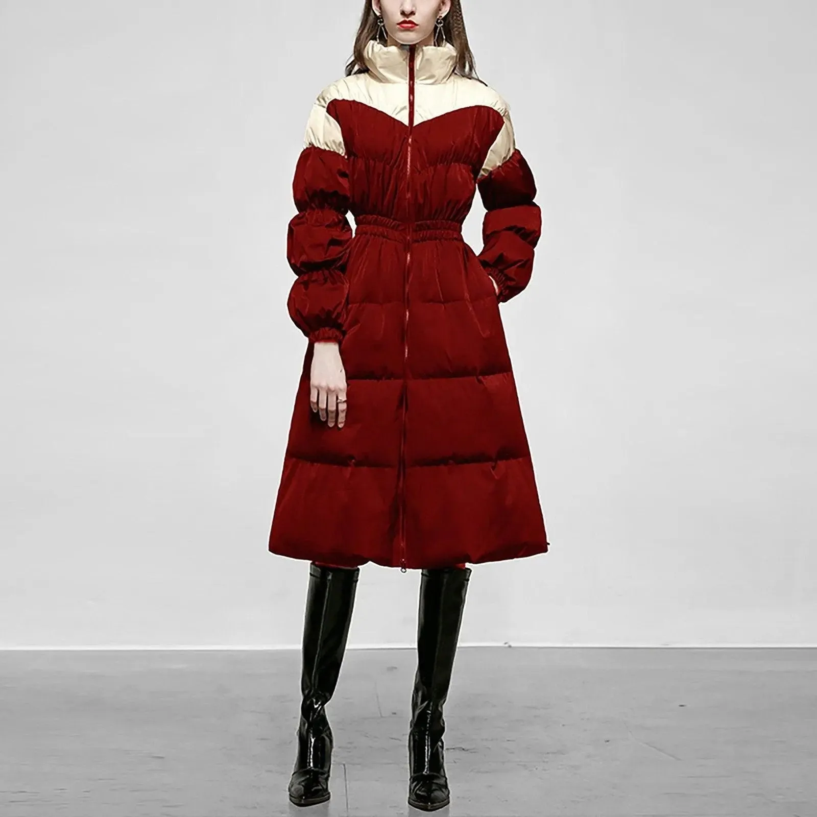 Women Long Down Puffer Coat,Burgundy White Contrast Down Coat,Wine Long down coat,Quilted Down Parka Coat,Winter Down Coat,Warm Puffy Coat