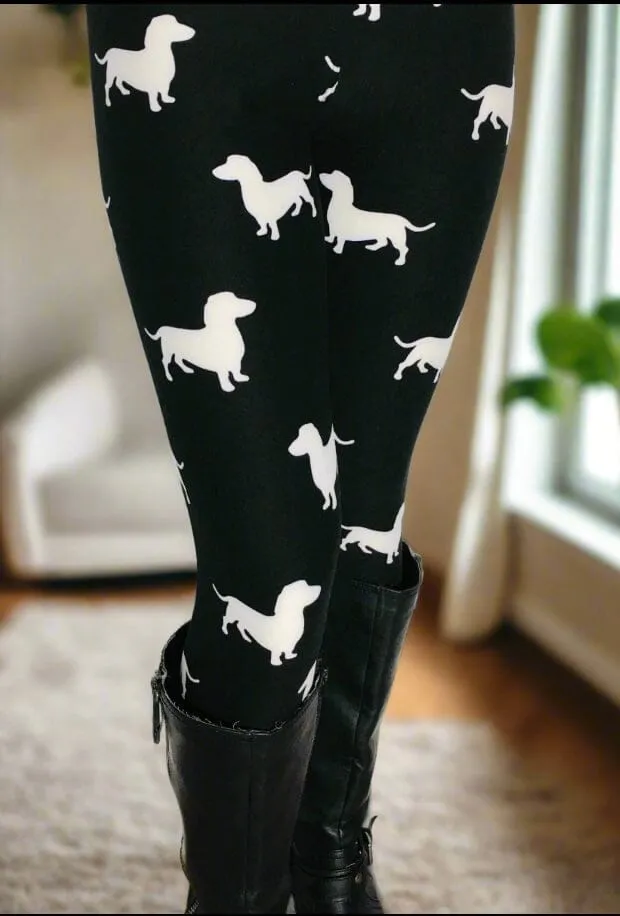 Womens Dachshund Dog Leggings, Soft Yoga Pants, Sizes 18-22, No-Roll Waist, Black/White