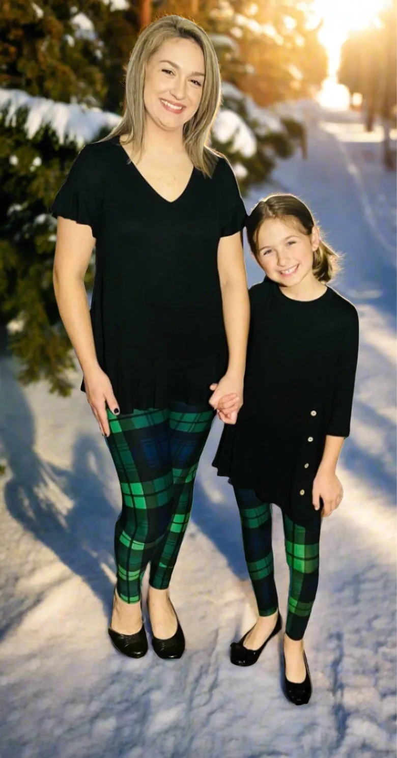 Womens Green Blue Christmas Plaid Leggings, Soft Yoga Pants, Sizes 0-18, No-Roll Waist, Blue/Green