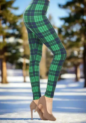 Womens Green Blue Christmas Plaid Leggings, Soft Yoga Pants, Sizes 0-18, No-Roll Waist, Blue/Green