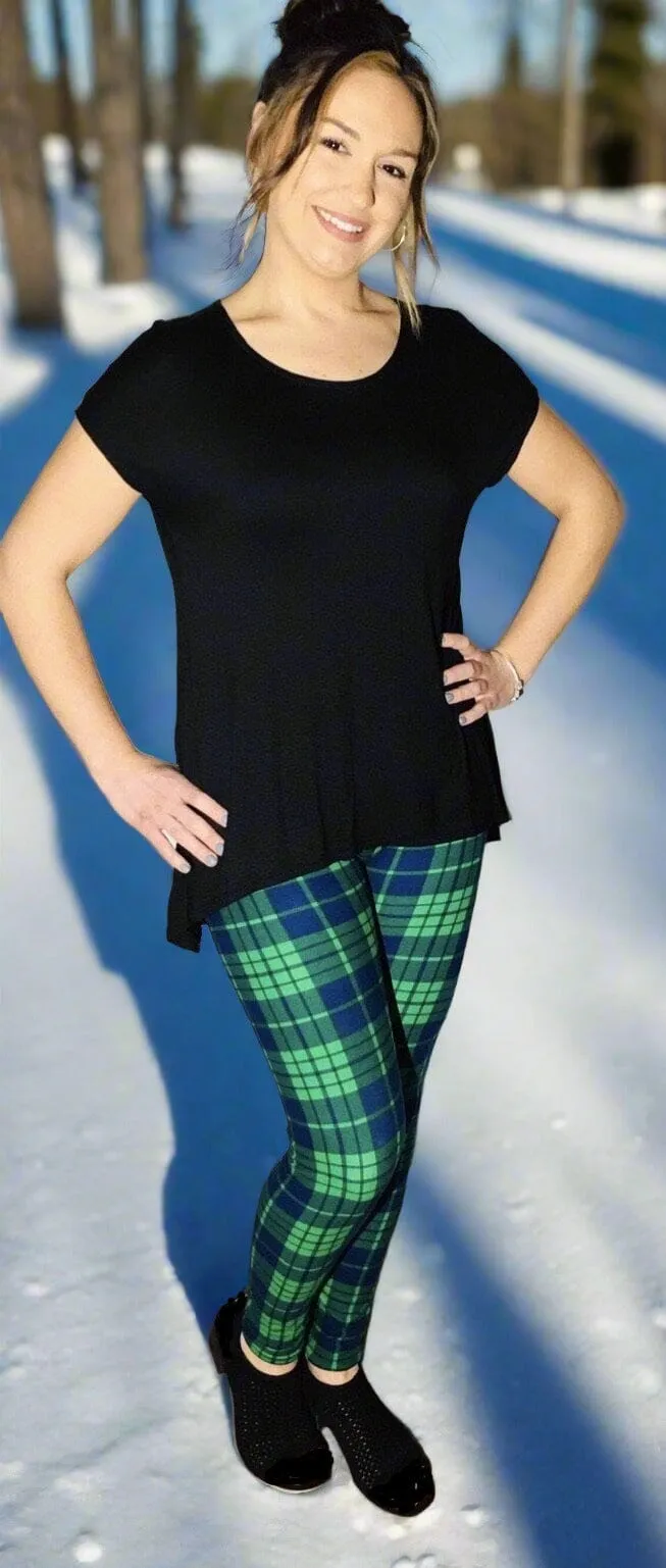 Womens Green Blue Christmas Plaid Leggings, Soft Yoga Pants, Sizes 0-18, No-Roll Waist, Blue/Green