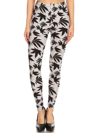 Women's Regular Allover Grey Black Cannabis Leaf Plant Pattern Printed Leggings