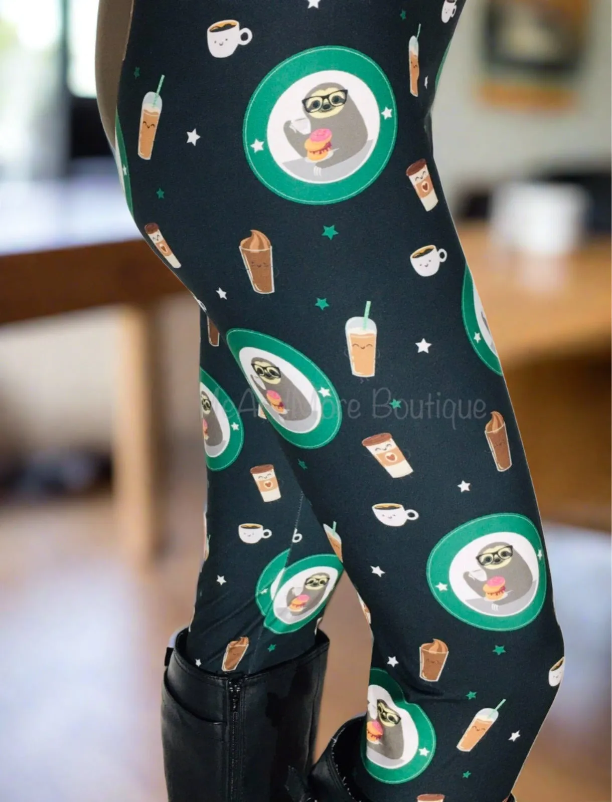 Womens Sloth Coffee Donut Leggings, Soft Yoga Pants, Sizes 0-20, Black/Green, Exclusive Leggings