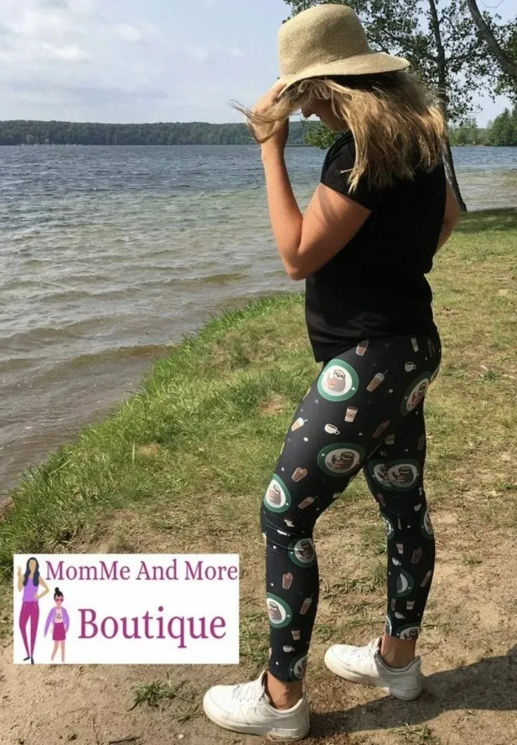 Womens Sloth Coffee Donut Leggings, Soft Yoga Pants, Sizes 0-20, Black/Green, Exclusive Leggings