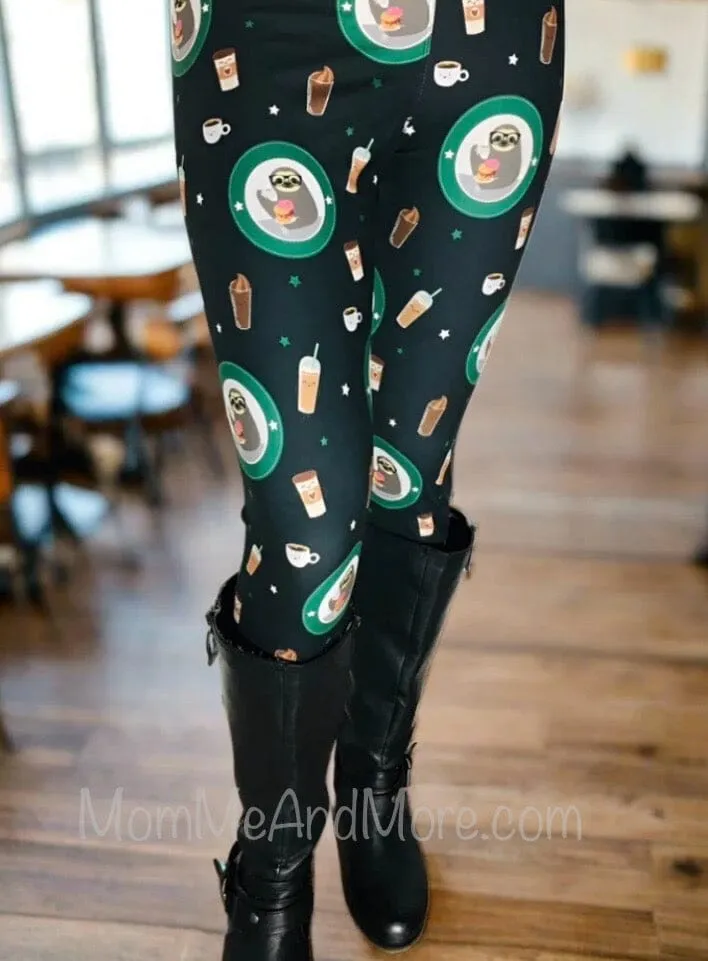 Womens Sloth Coffee Donut Leggings, Soft Yoga Pants, Sizes 0-20, Black/Green, Exclusive Leggings